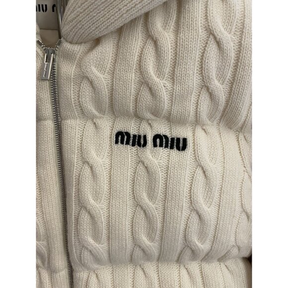 Miu Miu Womens Ivory Cable Knit Puffer Jacket With Hood & Full-Zip Closure - Picture 3 of 16